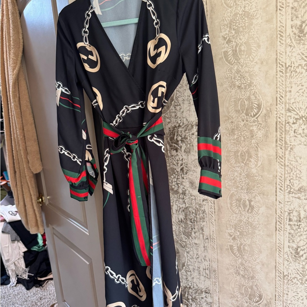 Black Long-Sleeve Wrap Dress with Chain & Stripe Accents